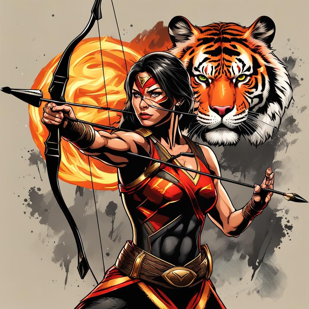 Amazon Superhero with Flaming Arrow and Tiger