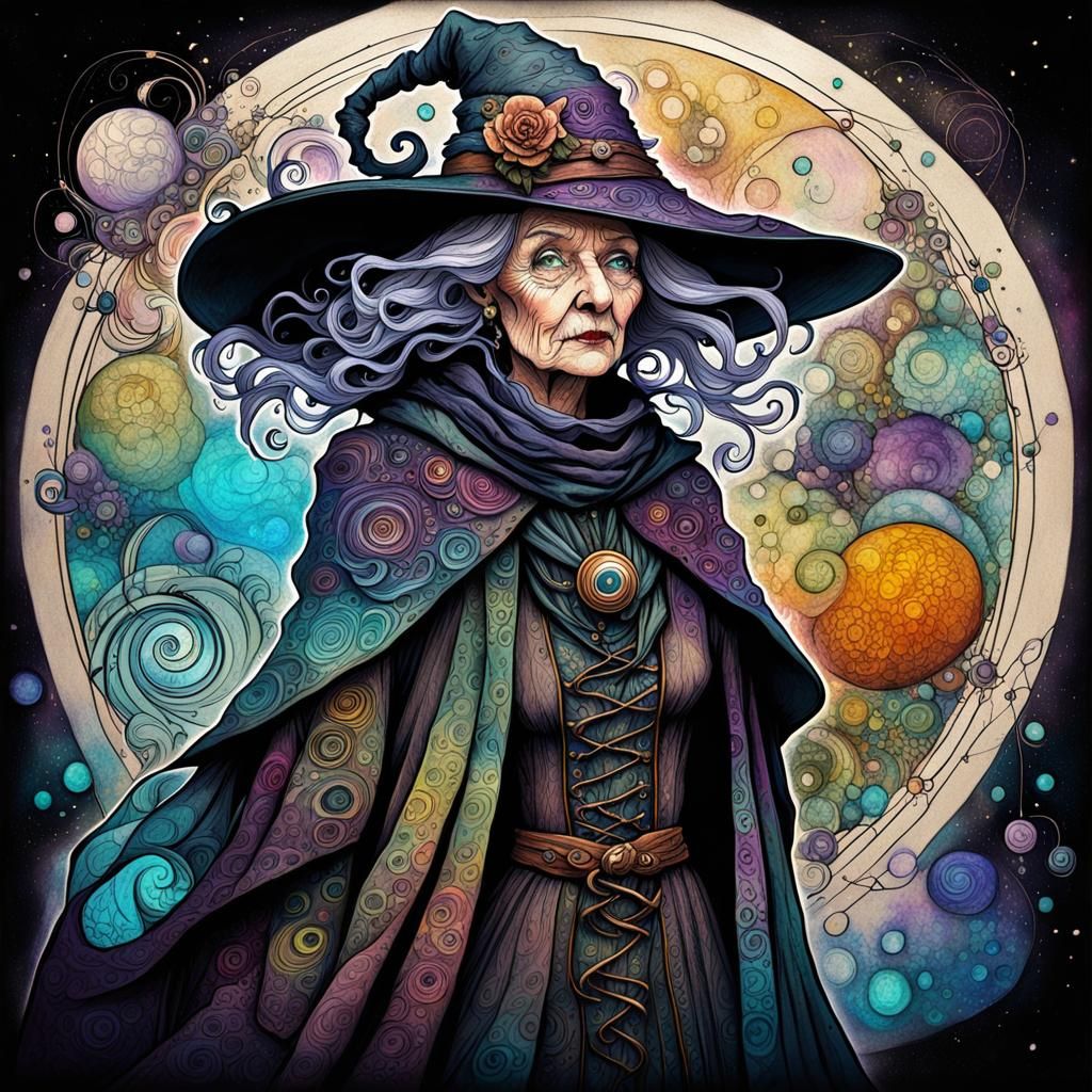 Surreal Ink Sketch of an Alchemist Witch