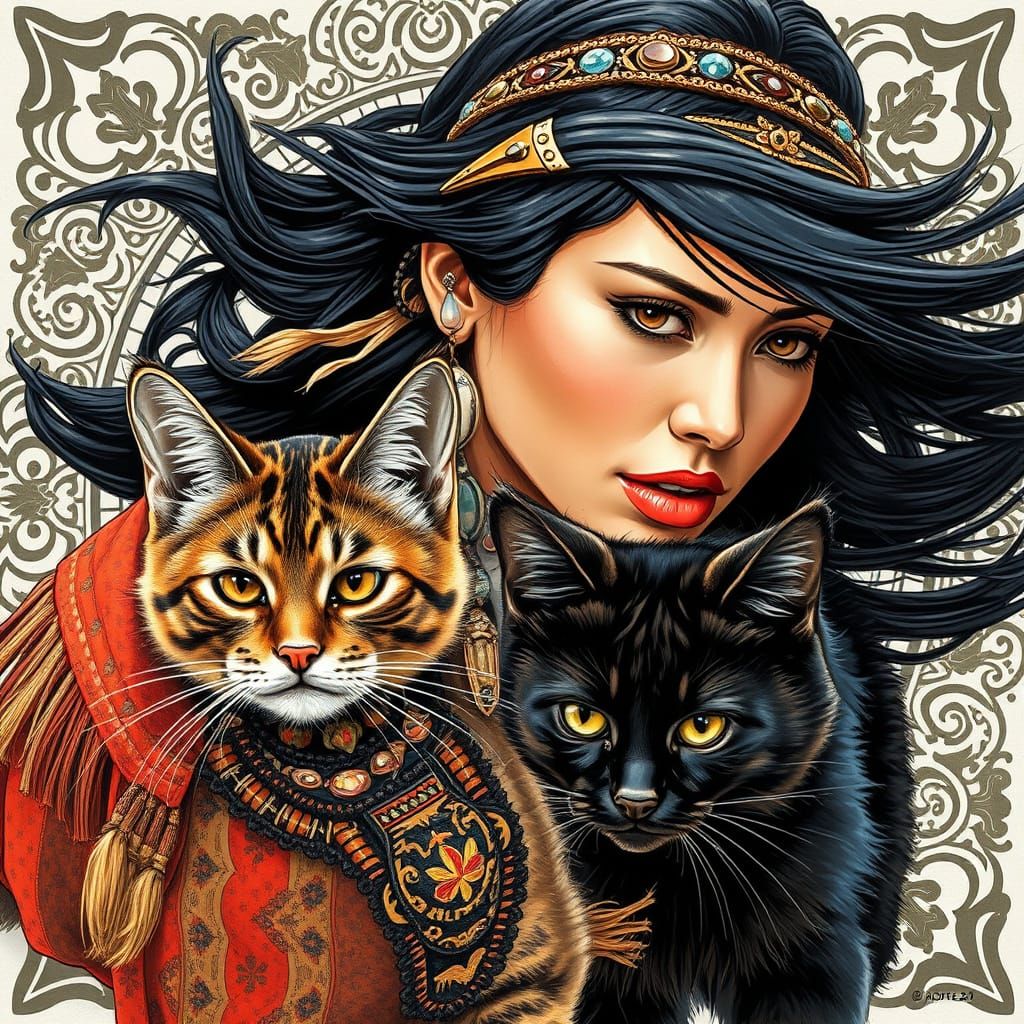 Native American Woman with Maine Coon Cat
