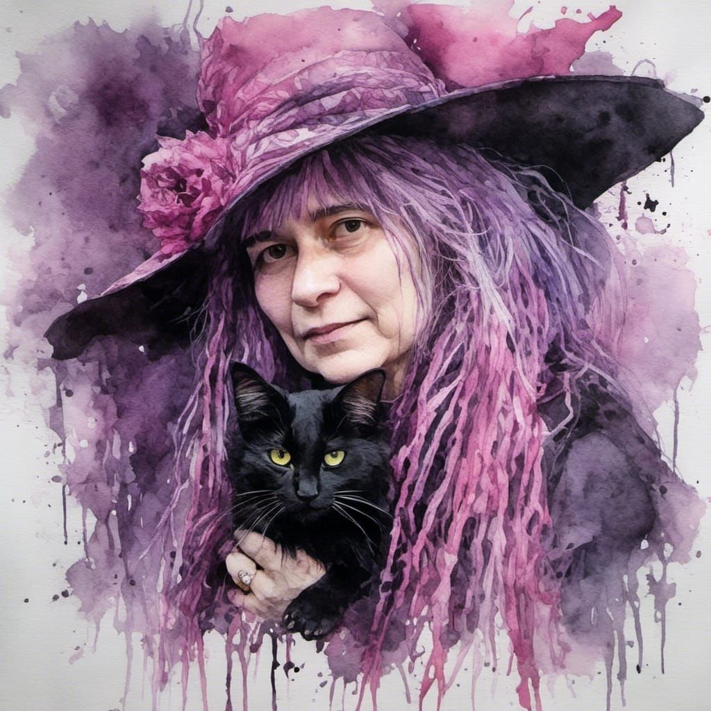 Gothic Witch with Cat, Watercolour in Carne Griffiths Style