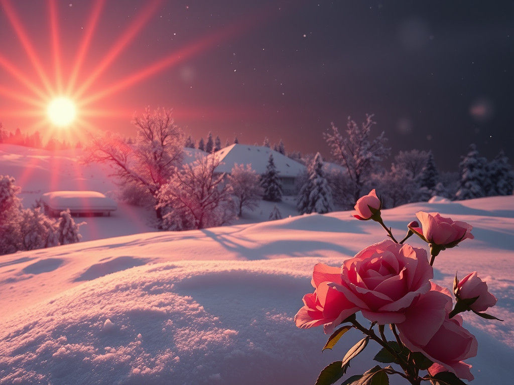 Rose in Sunlight with Snow and Gold
