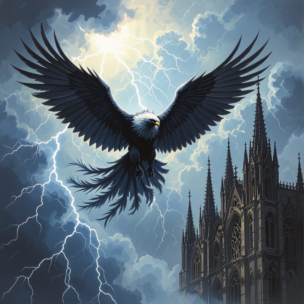 Griffin Soaring Above Gothic Cathedral in Dark Fantasy Oil P...