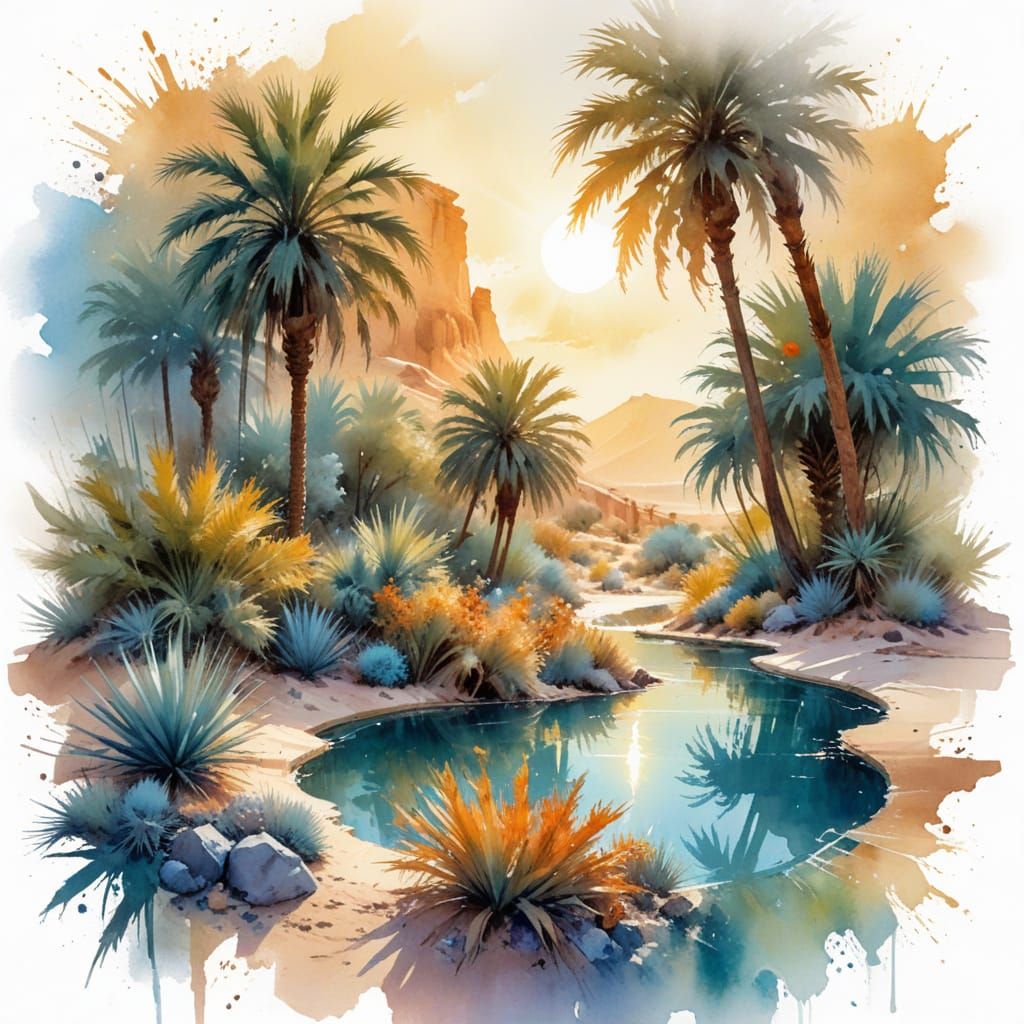 Sahara Oasis in Watercolour at Midday
