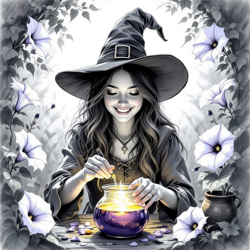 Young Witch Brews Potion Amidst Morning Glories