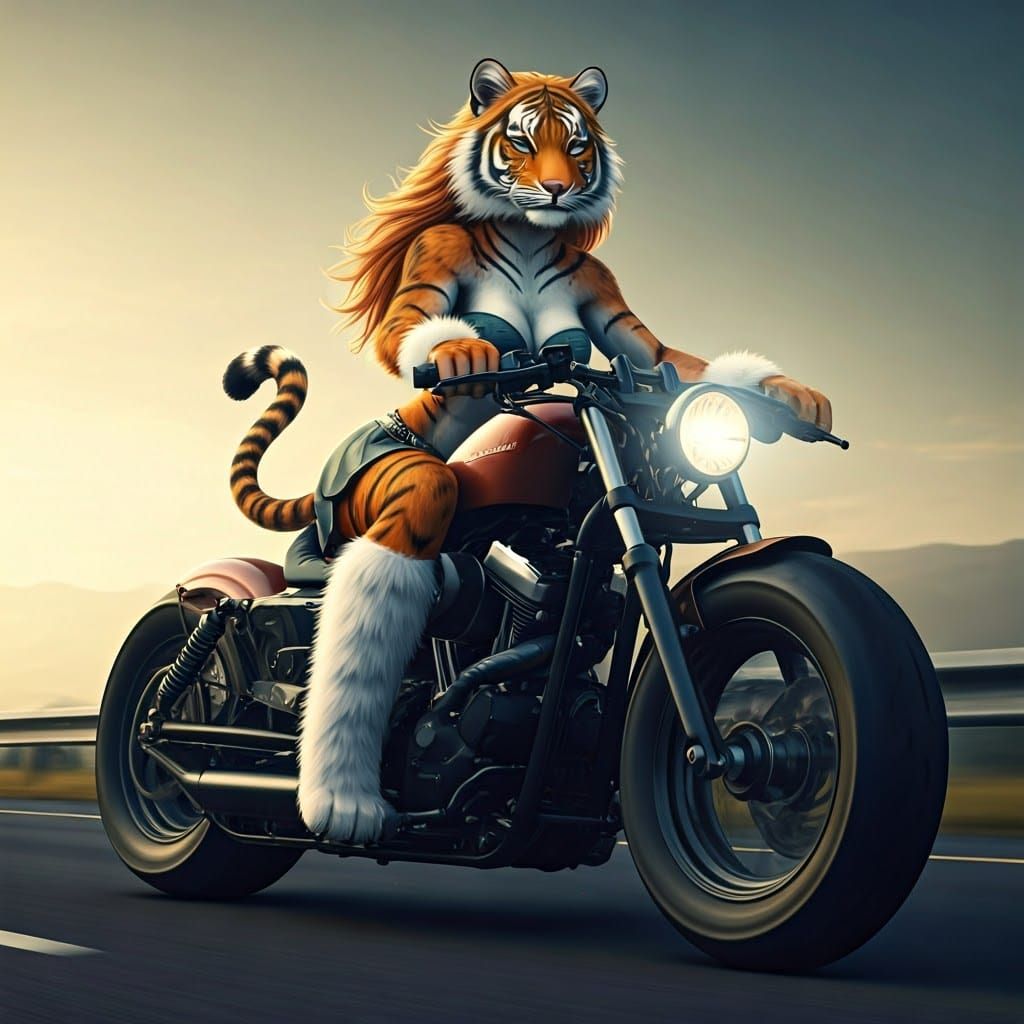 Stunning Tigeress Rides Motorbike with Wild Orange Mane