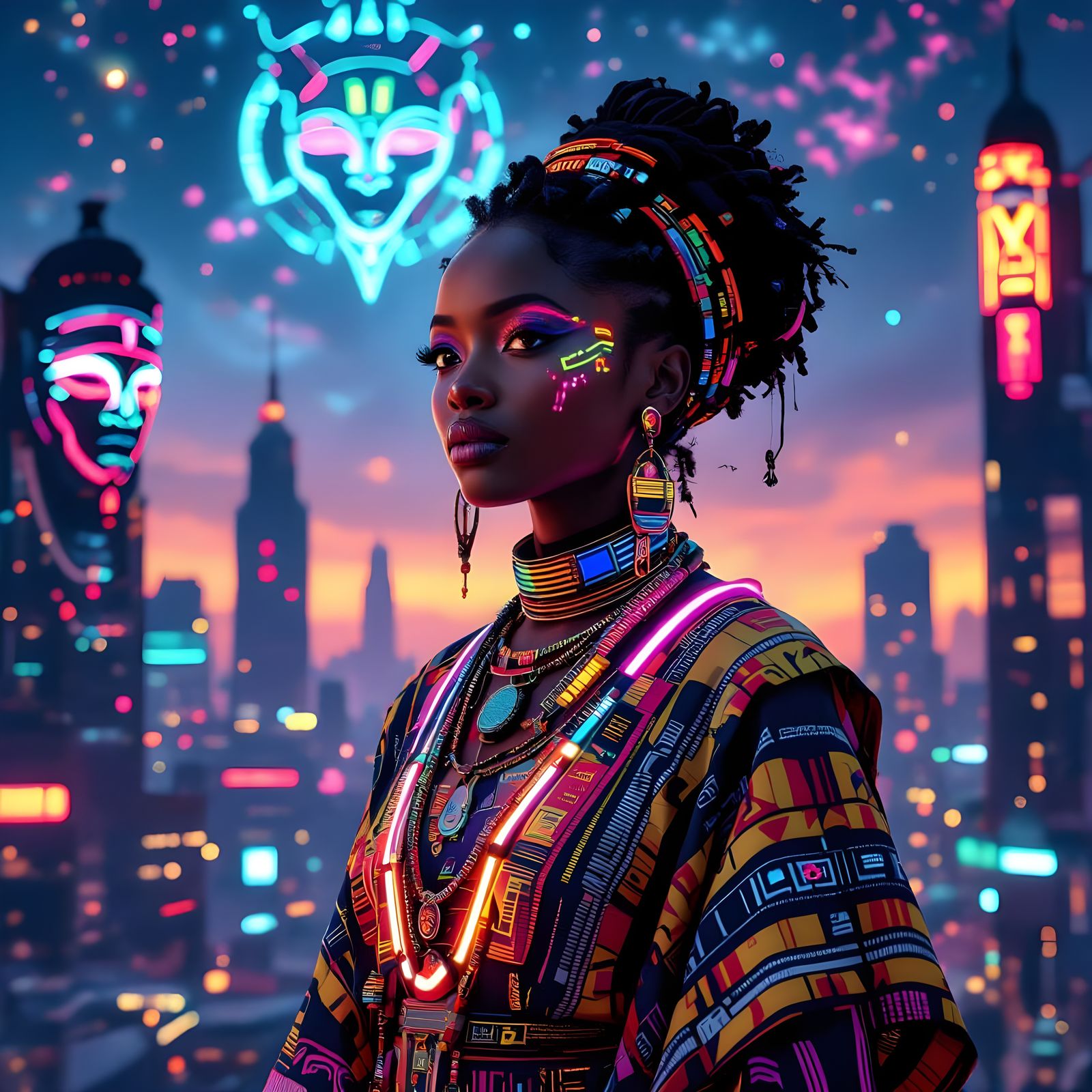 Afrofuturistic Cityscape with Neon Tribal Masks