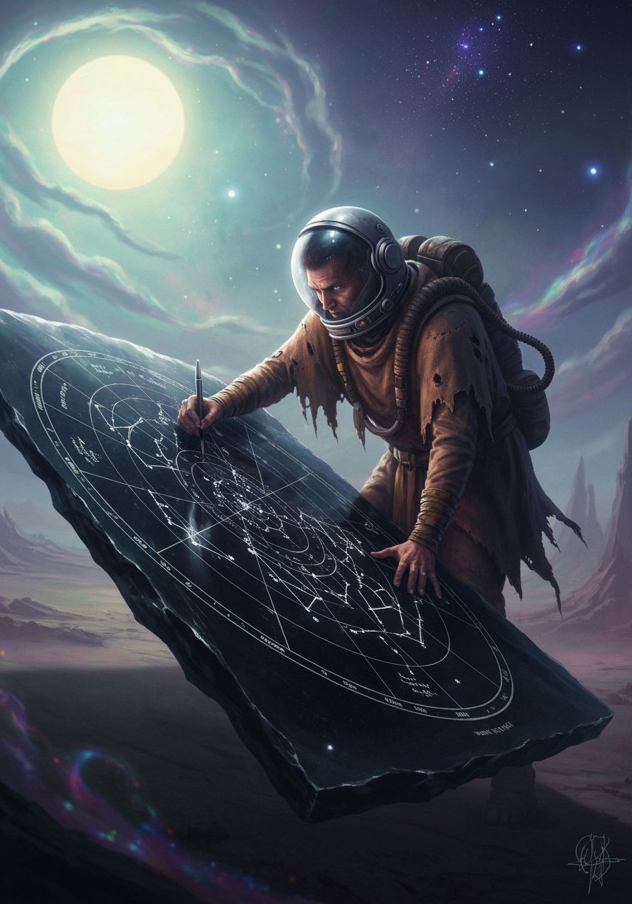 Ancient Astronaut Charts Cosmic Map on Obsidian Tablet