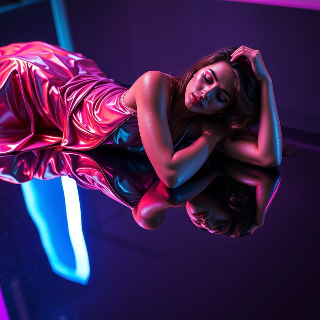 Sleek Woman Reclining in Neon Metallic Liquid