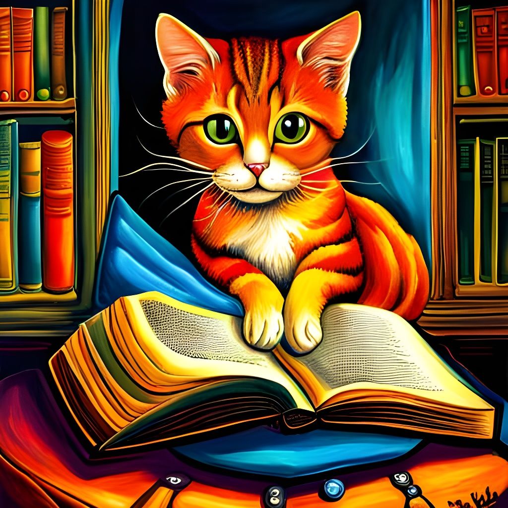 Cute Cat Reads Book in Surreal Library