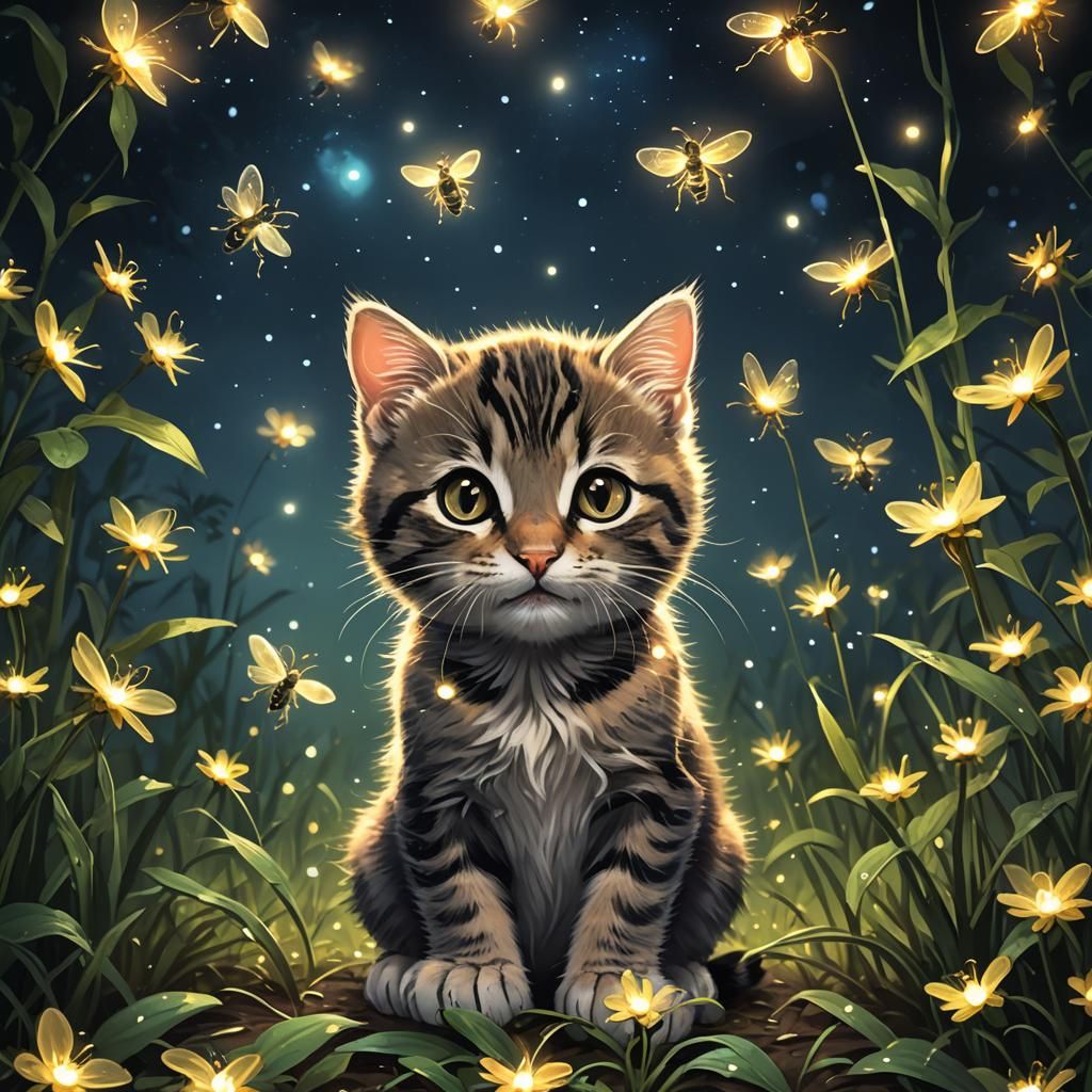 Smiling Kitten Surrounded by Fireflies