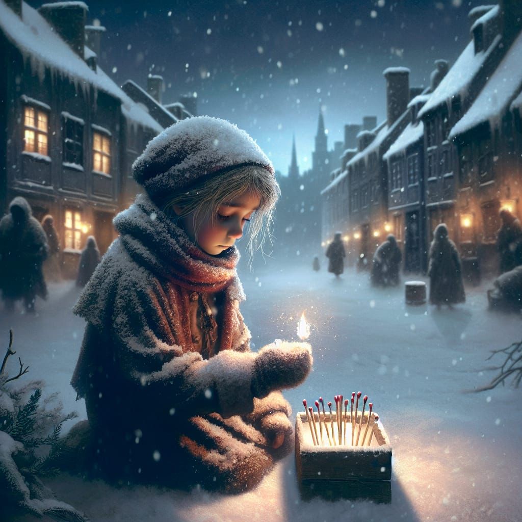 The Little Match Girl in Snowy Street Scene