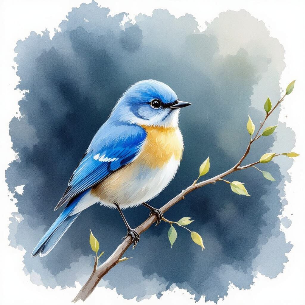 Blue Bird on Branch in Watercolor Style