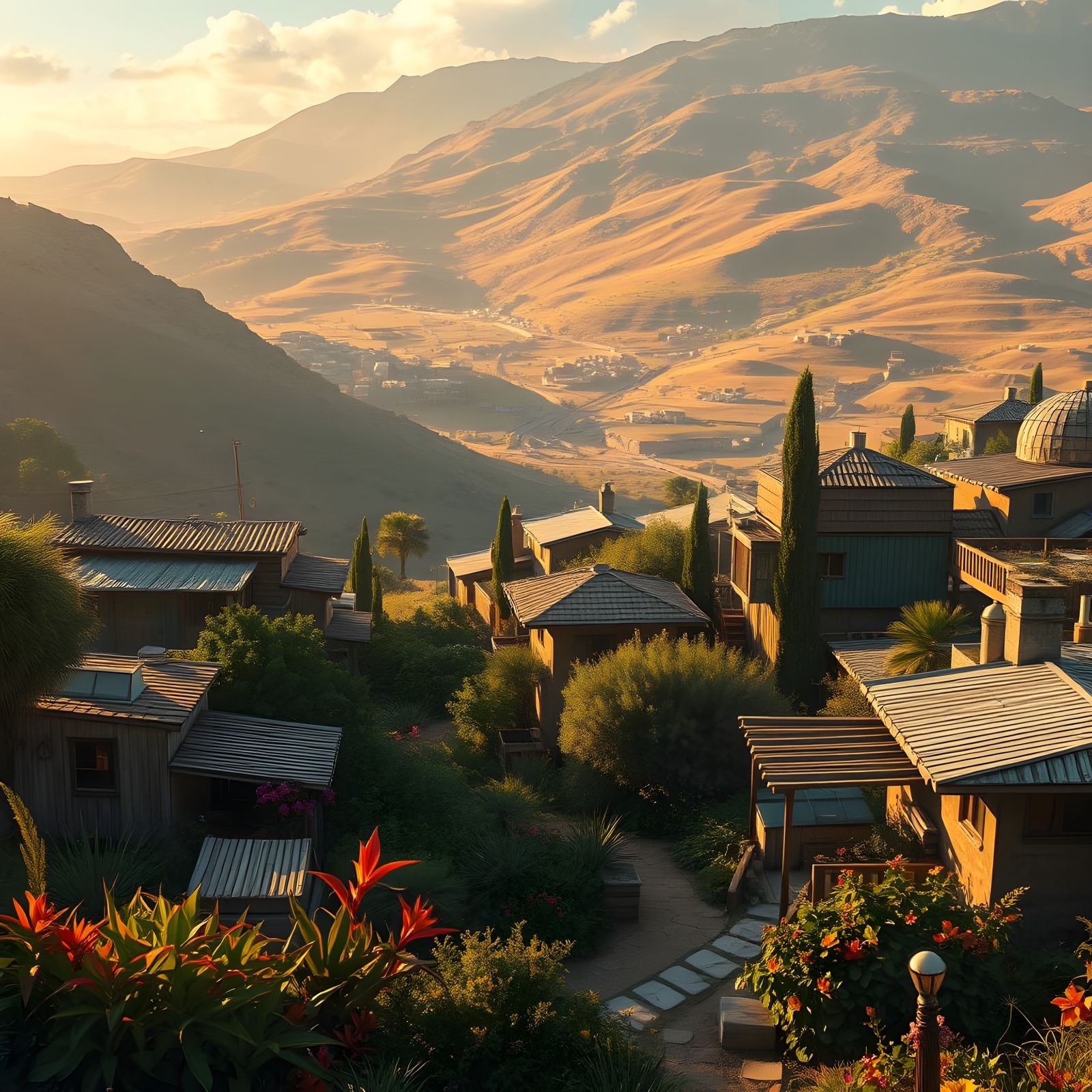 Futuristic Israeli Kibbutz Landscape in a Surreal, Nostalgic...