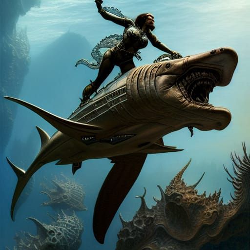 Shark Rider Surveys Atlantis in Rococo Style