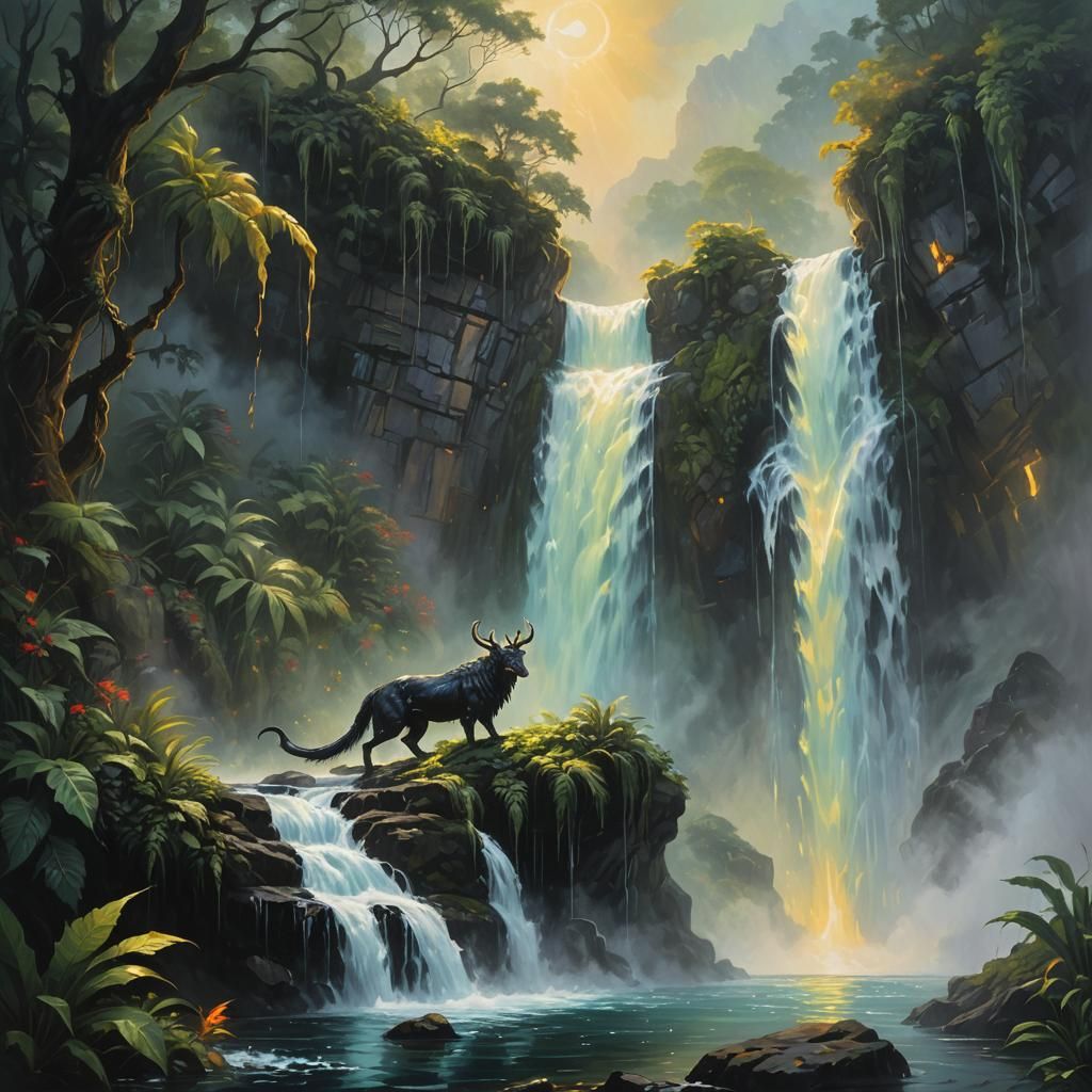 Mystical Creature at Waterfall in Dark Fantasy Art