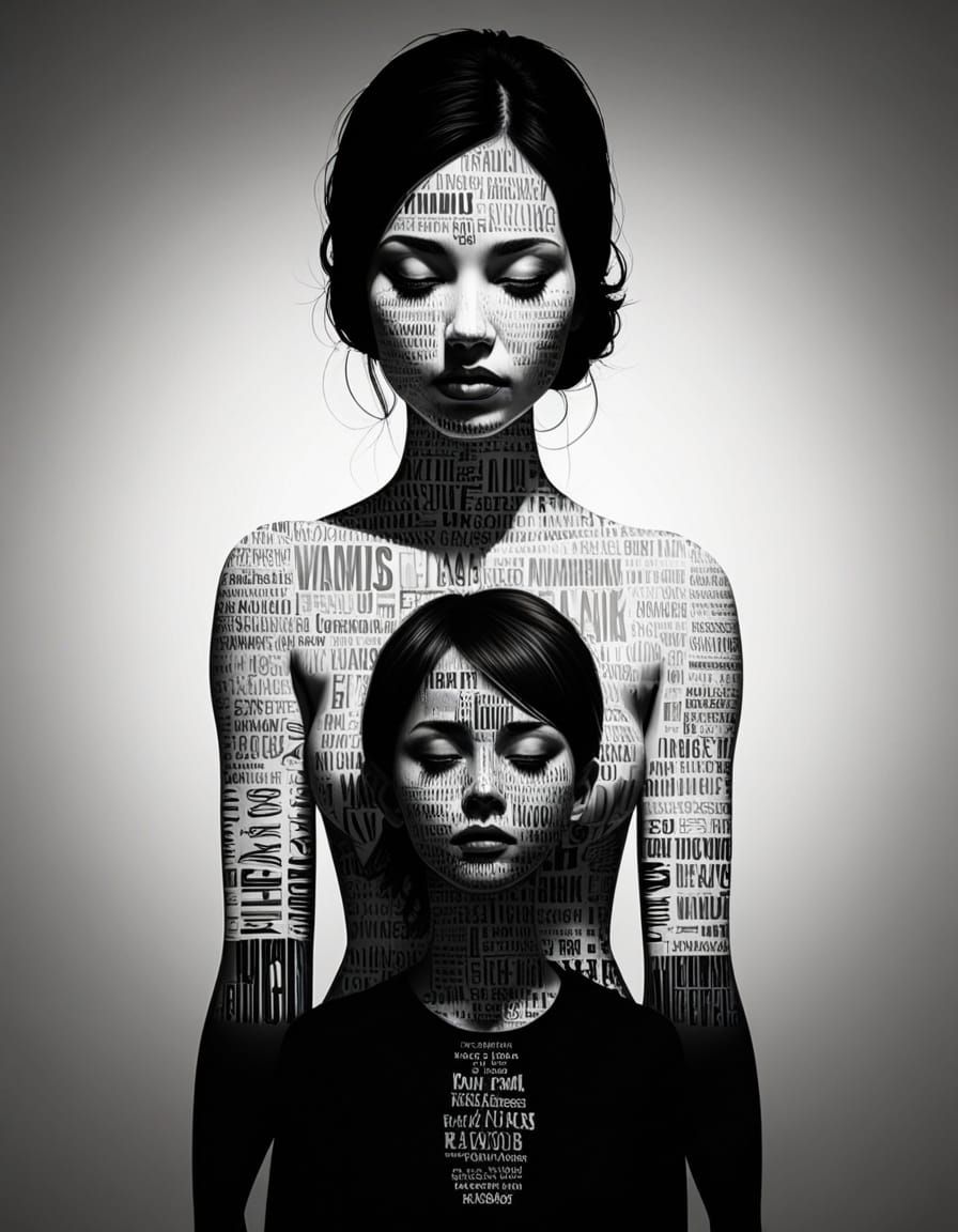 Embossed Calligram of Mother and Children in White Line Art