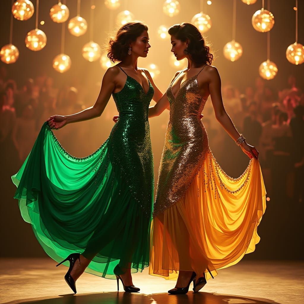 Dancing Women in Green and Gold Art Deco Style