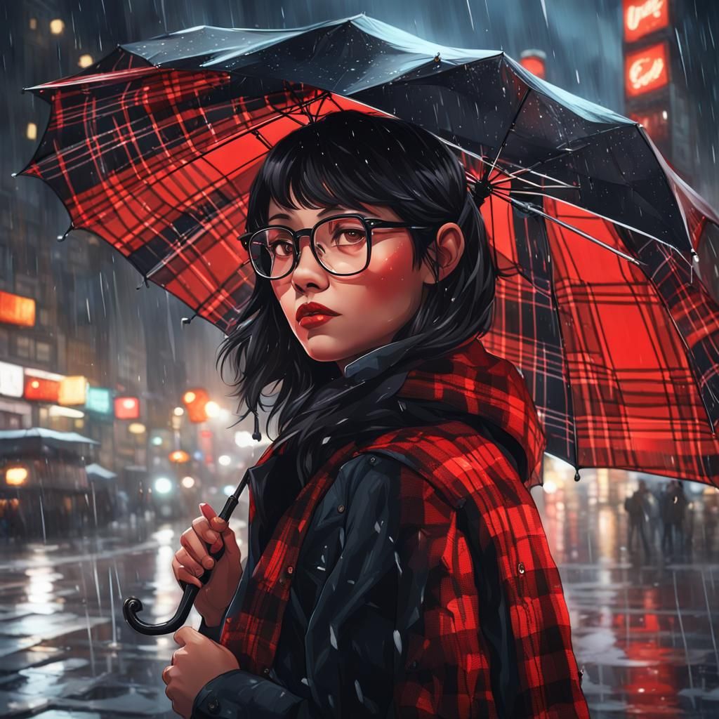 Girl with Umbrella in Rainy City Night