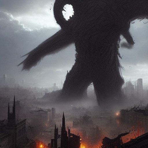 Sinister Giant Monster Over Destroyed City