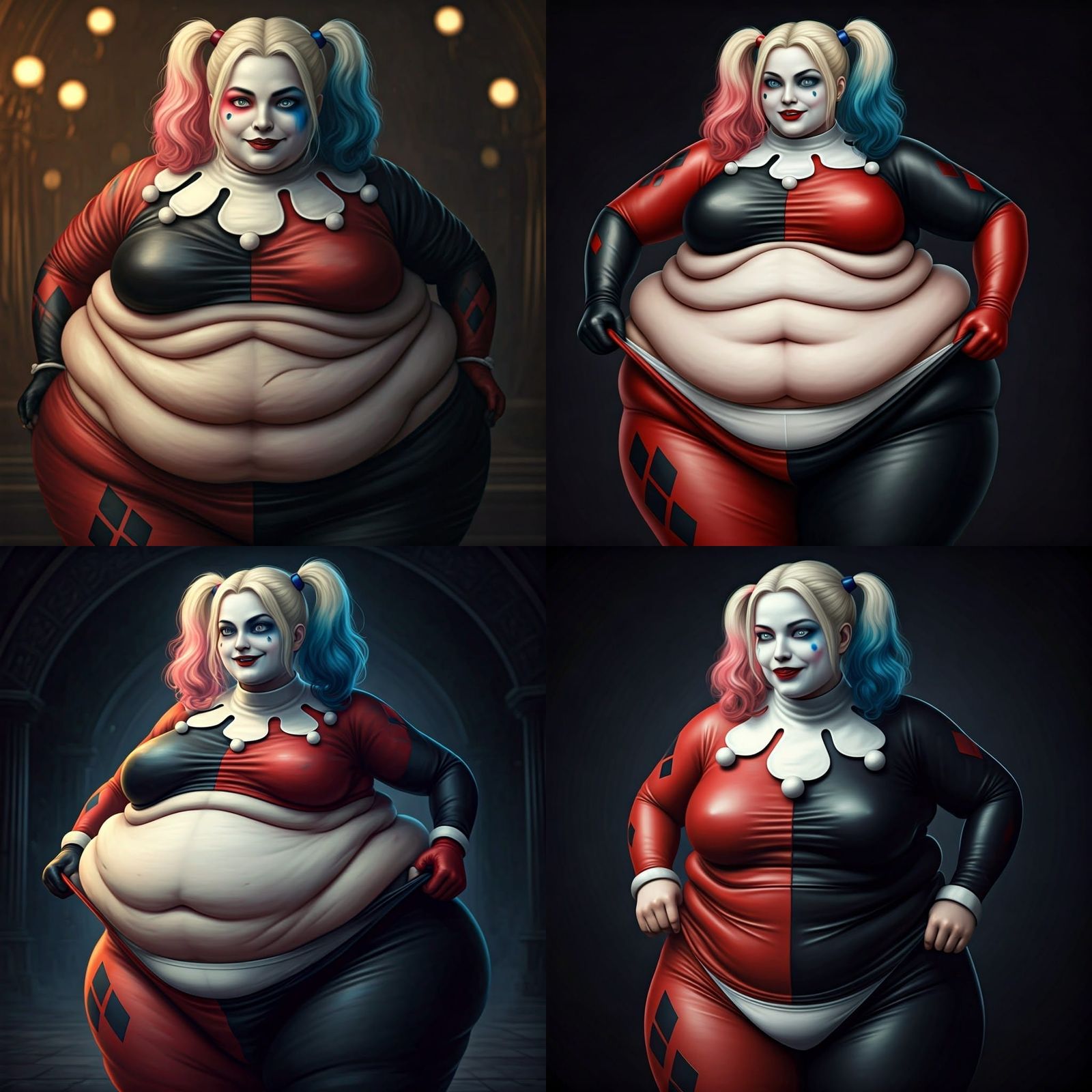 Morbidly Obese Harley Quinn in Ripped Jester Costume