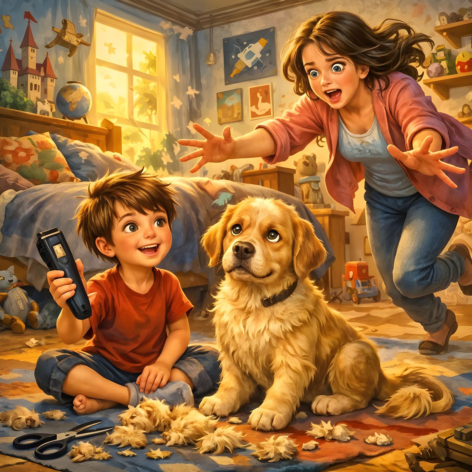 Fantasy Concept Art of Boy and Dog with Trimmer