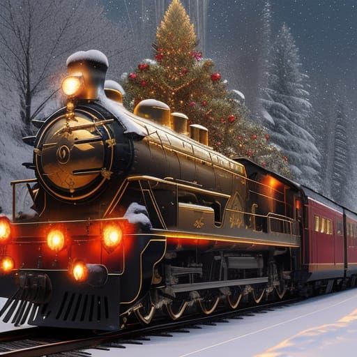 Golden Steam Train in Snowy Forest with Festive Lights