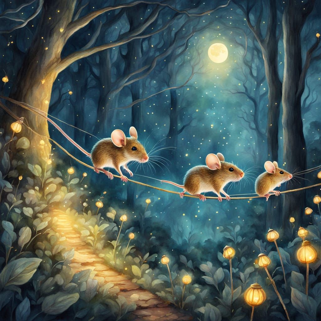 Enchanting Mice on Tightrope: Watercolor Fantasy
