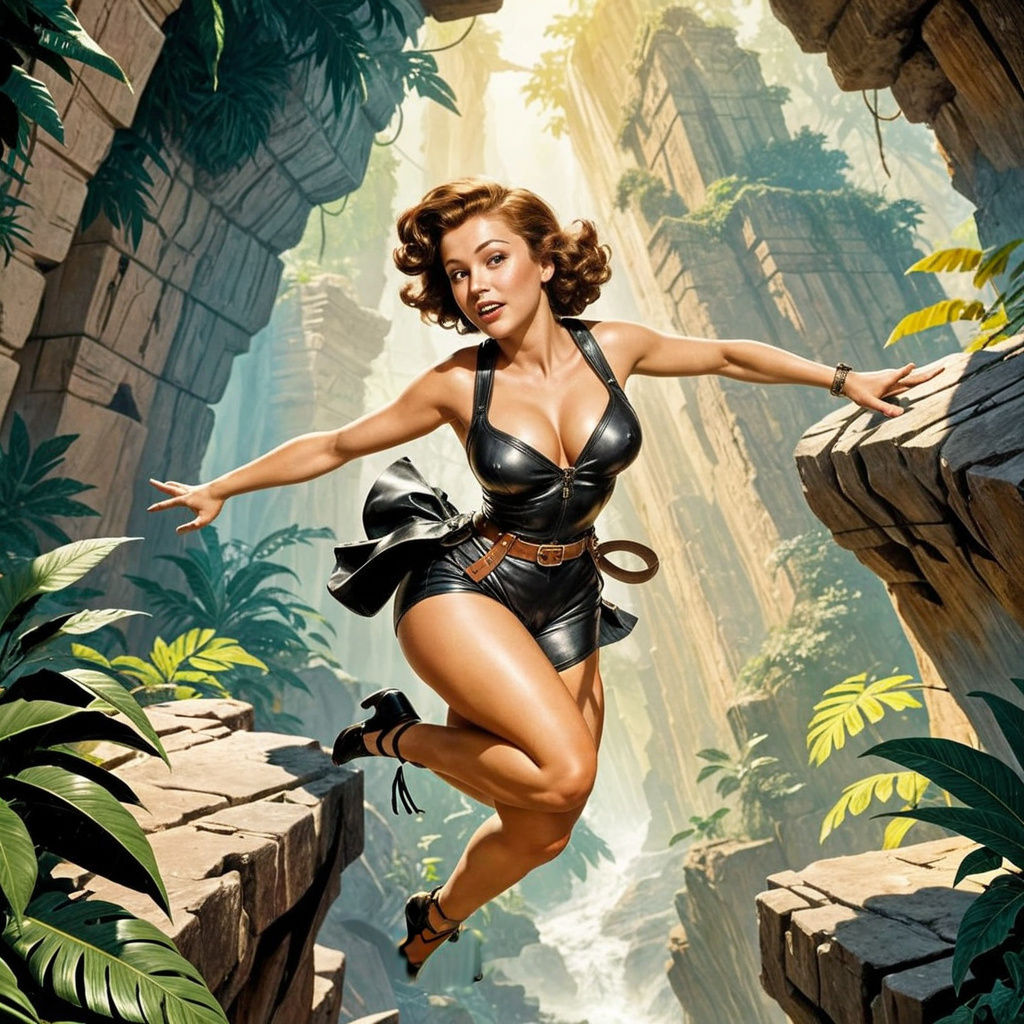 Vintage Pin-Up Adventurer Leaping Chasm in Jungle Temple