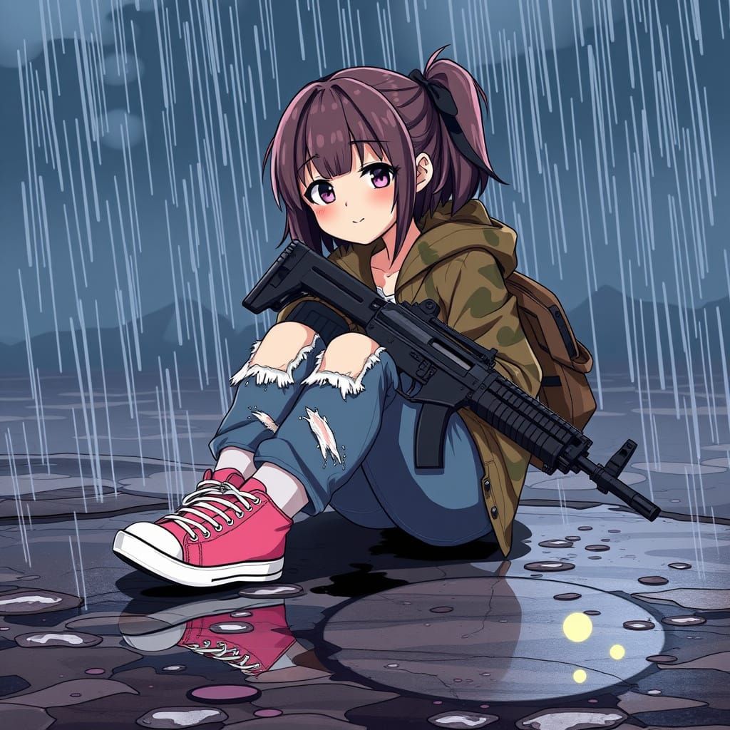 Emo Anime Girl in Rain with AK-74: Studio Trigger Style