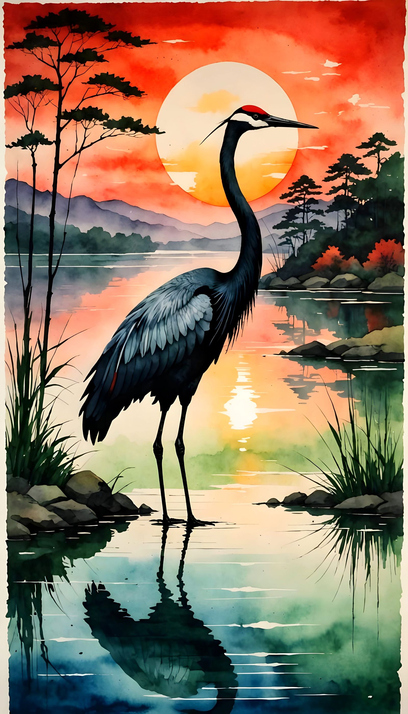 Dreamy Watercolor Crane at Sunset in Red and Green