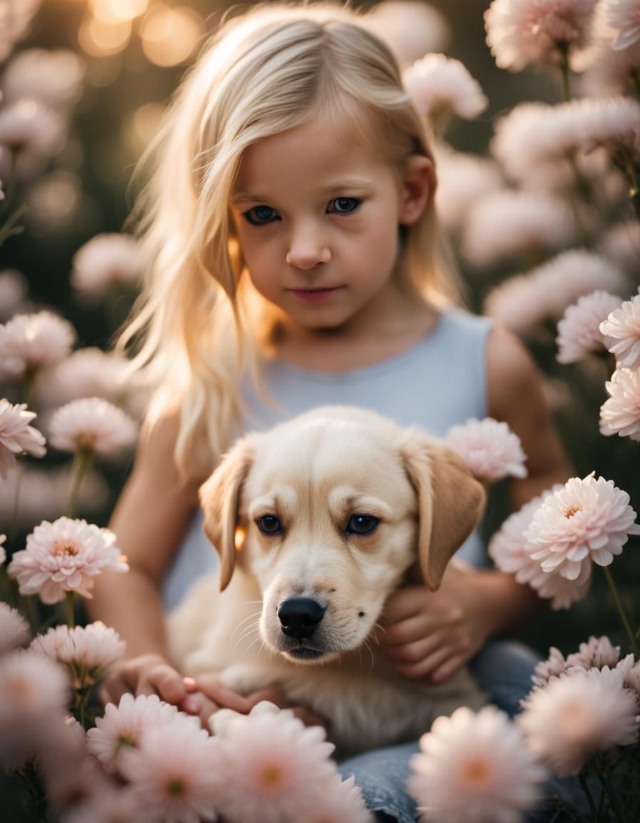 Girl and Puppy in Flowers: Professional Photography