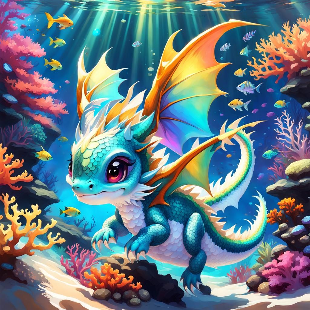Chibi Dragon Playing Above Coral Reef