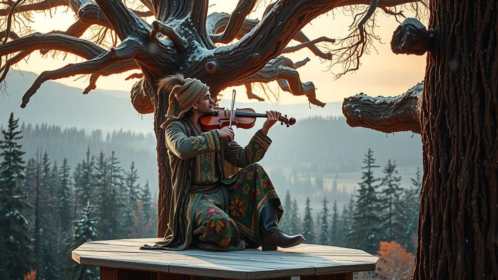 Surreal Cossack Violinist Lost in Crimson Redwood Landscape