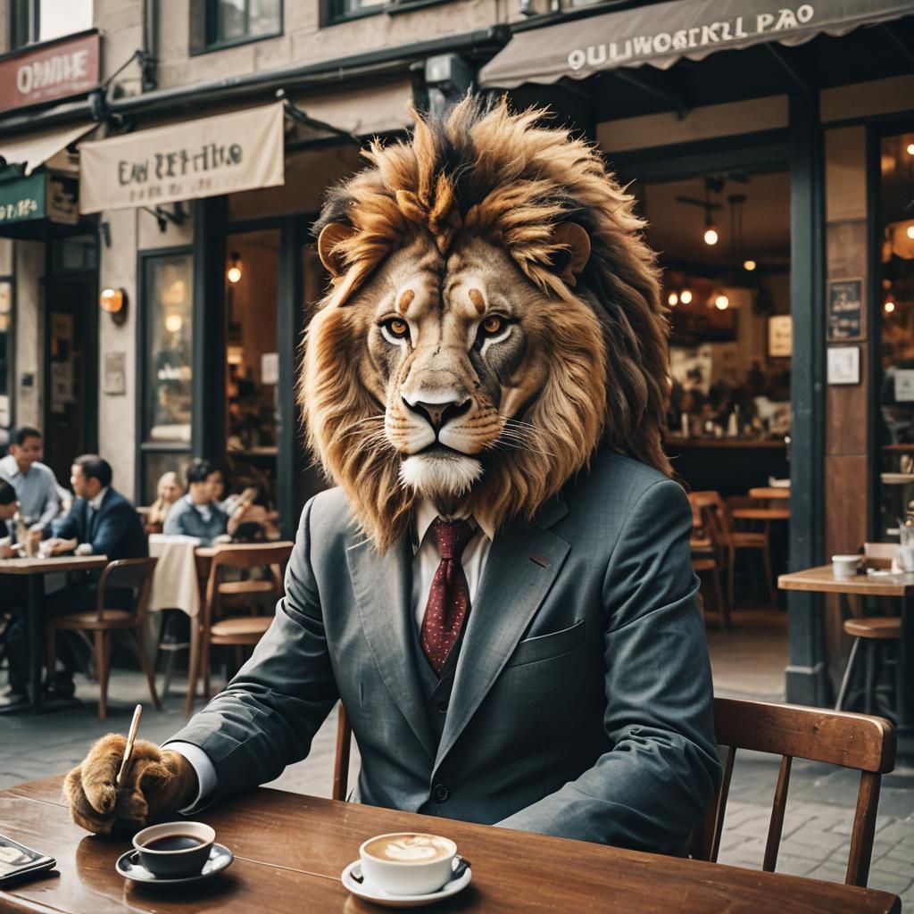 Lion-Headed Businessman in Cafe: Photorealistic Film Still