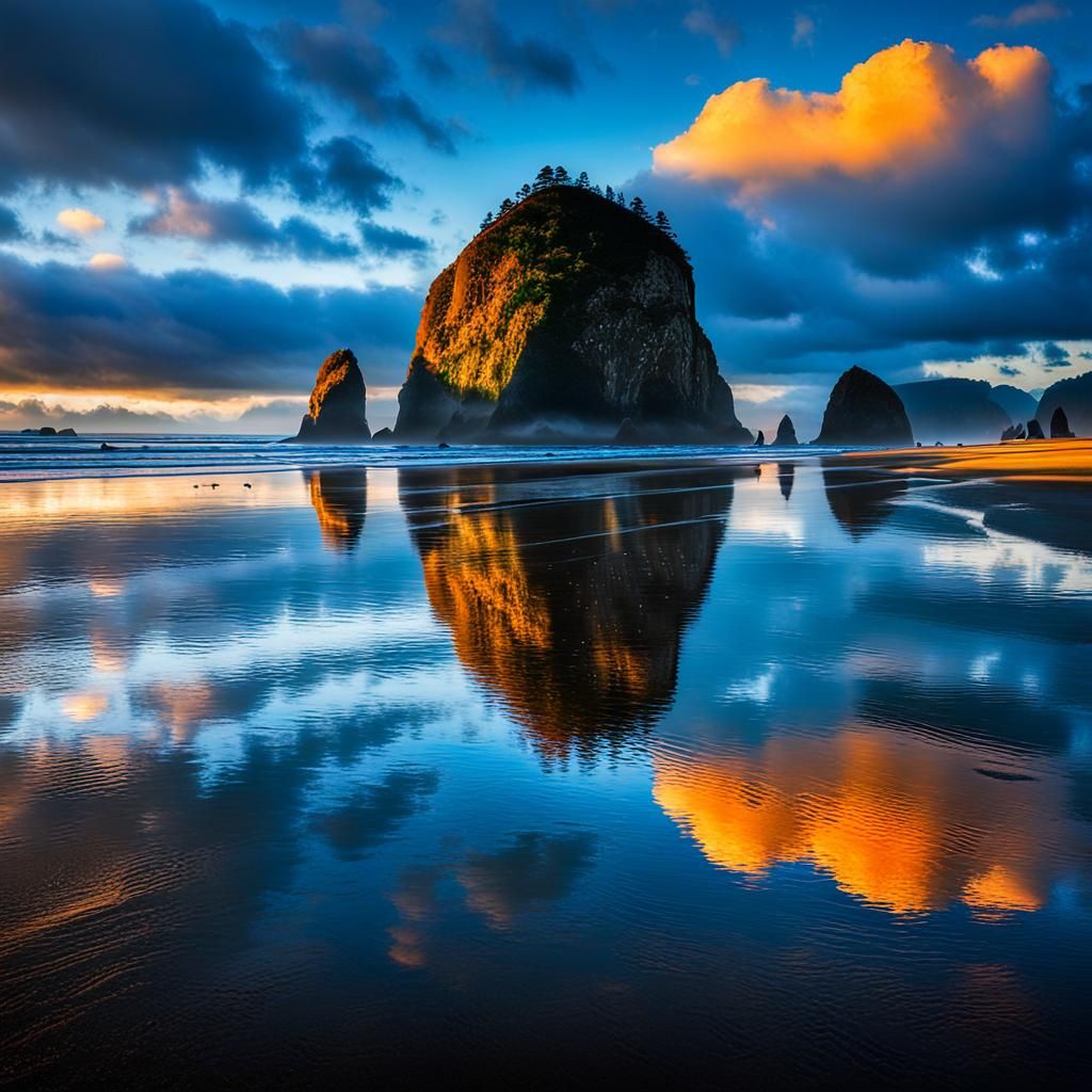 Haystack Rock, Oregon Coast Under Dramatic Clouds