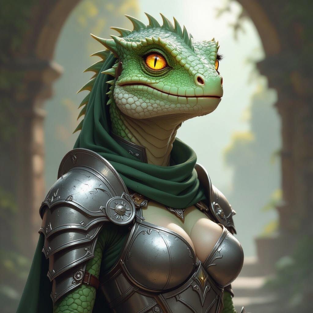 Fantasy Female Lizard-Kin Warrior in Silver Platemail