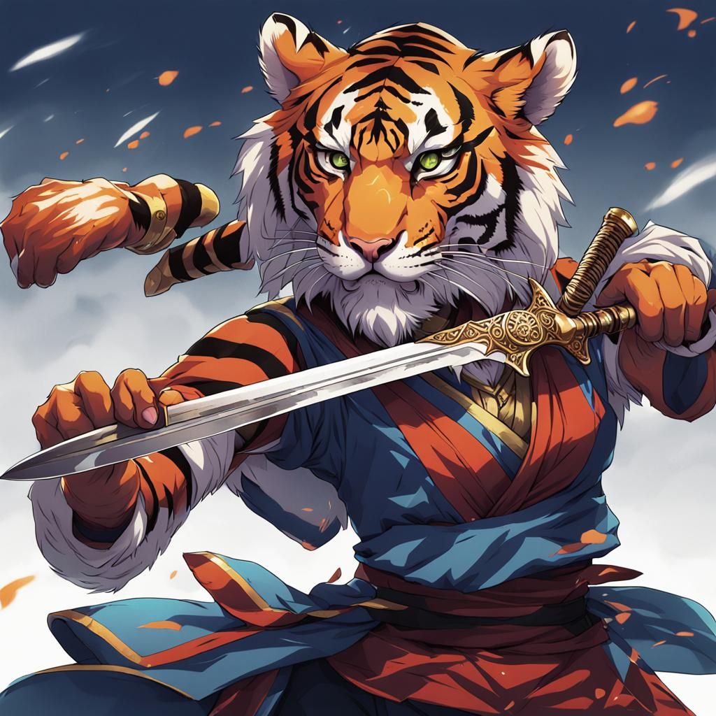 Female Samurai Tiger with Dagger in Anime Style
