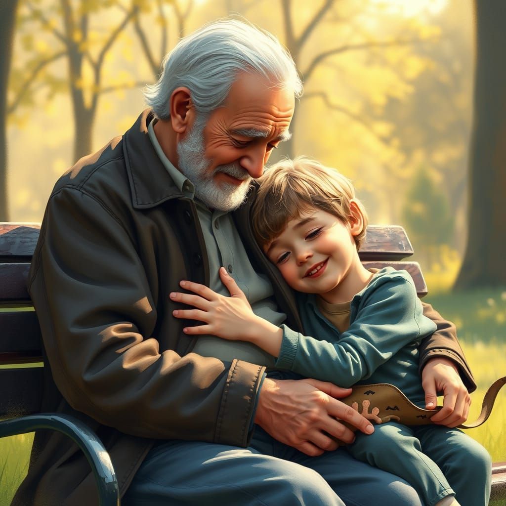 Generational Love: Old Man and Boy on Park Bench