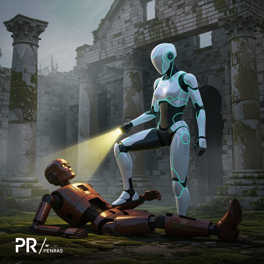 Futuristic Robot Overlooking Ancient Ruin