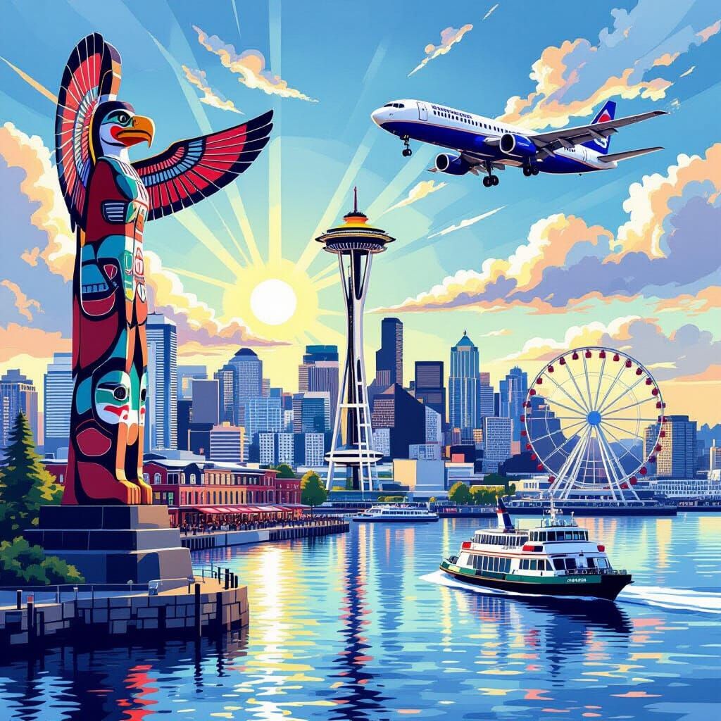 Vibrant Seattle Landmark Collage in Digital Art Style