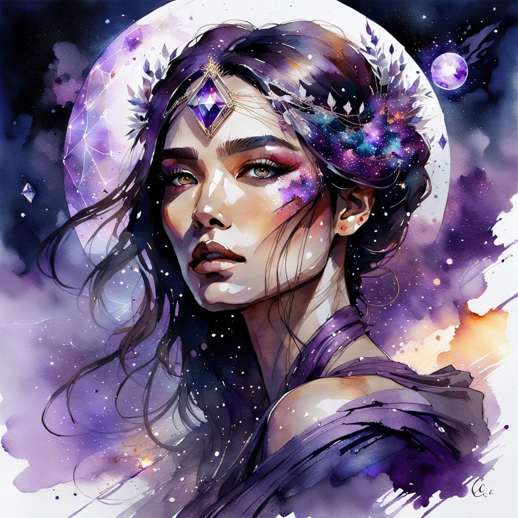 Amethyst Gem Goddess in Watercolor Fantasy