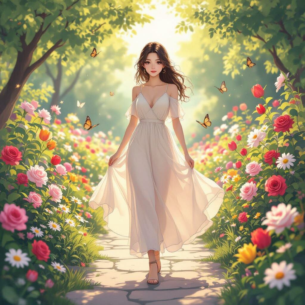 Anime Illustration: Woman in Peaceful Garden with Butterflie...