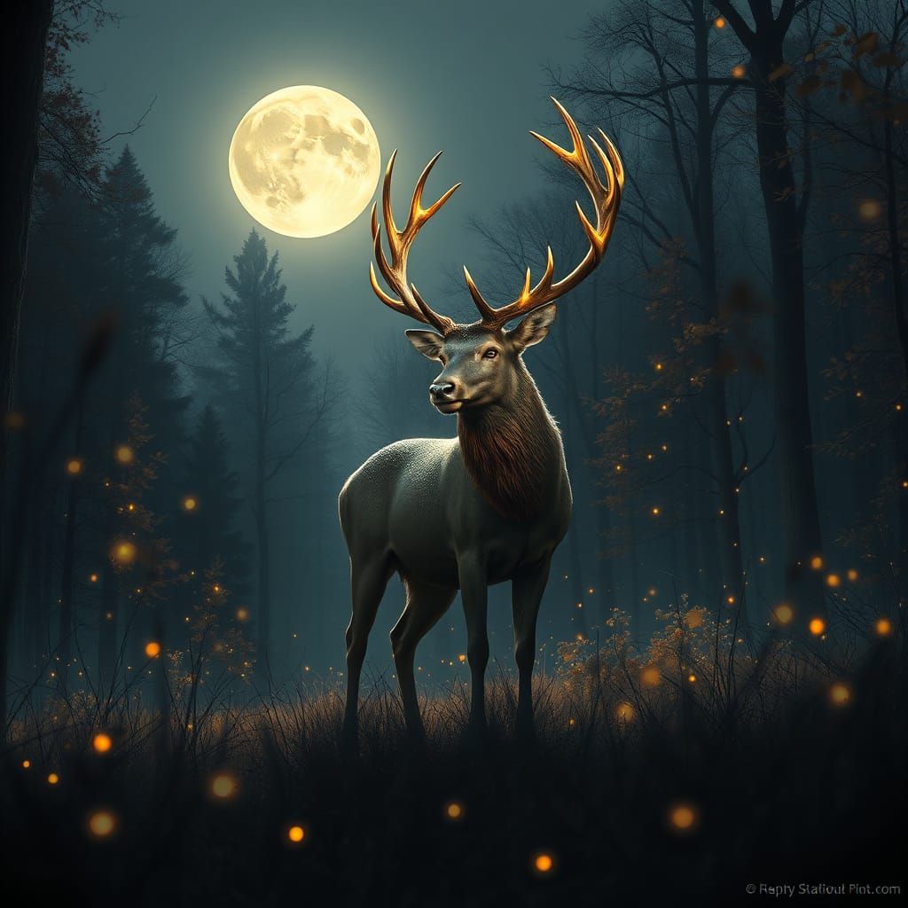 Majestic Stag in Moonlit Forest: Fantasy Concept Art