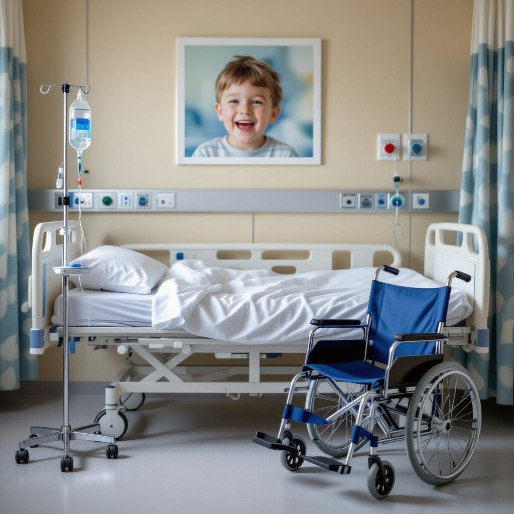 Empty Hospital Bed and Wheelchair with Boy's Photo