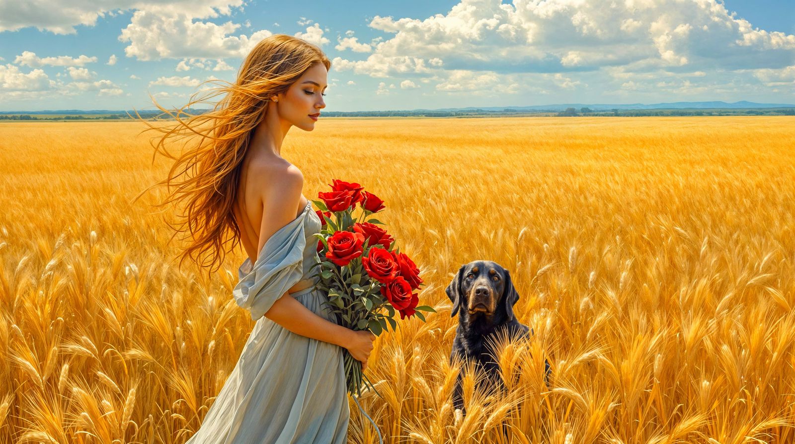 Young Woman in Golden Wheat Field with Roses and Loyal Dog