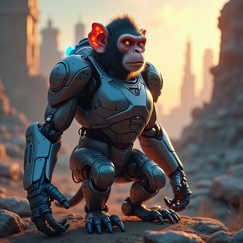 Robotic Monkey Hero in a Mystical Sci-Fi Environment