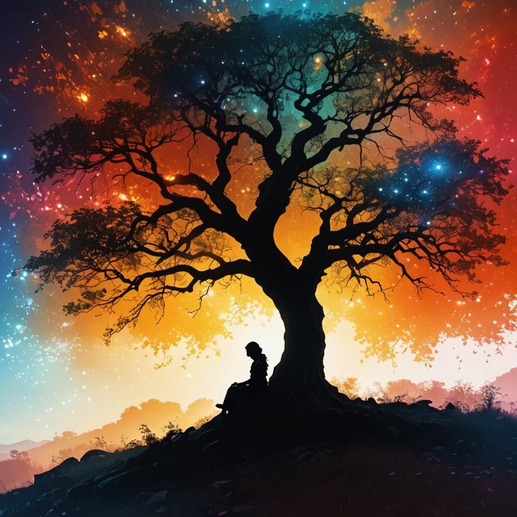 Ethereal Girl Under Tree: Digital Art Landscape