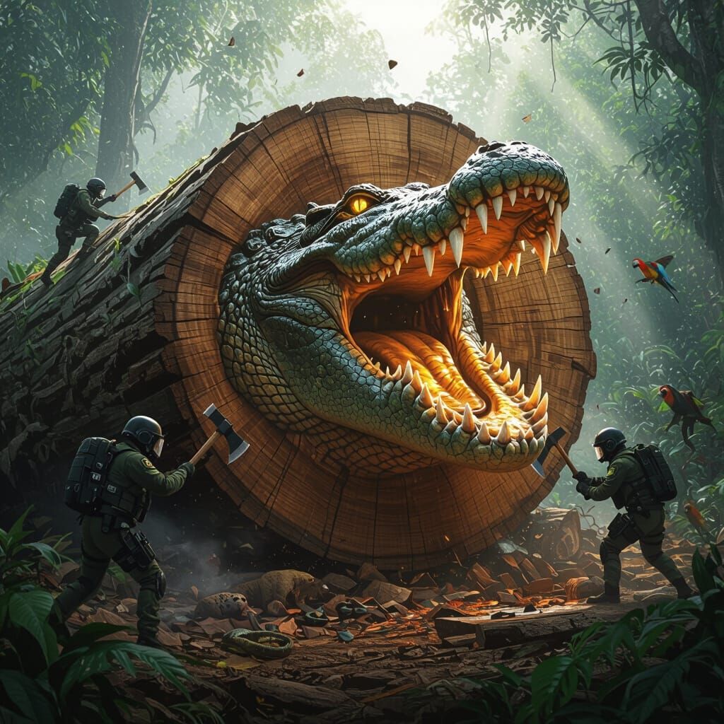 Giant Crocodile Trapped in Log Amidst Amazon Rainforest
