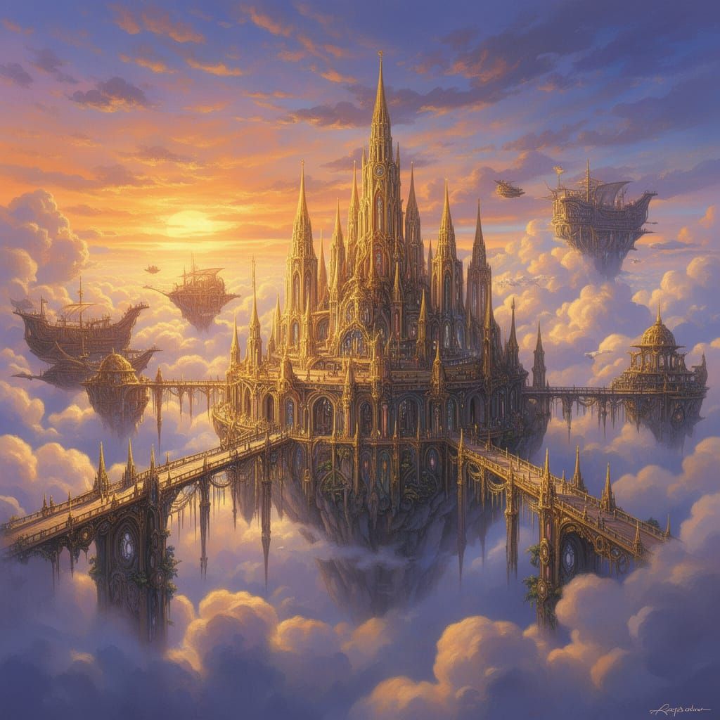Floating Sky Kingdom with Golden Spires and Flying Ships