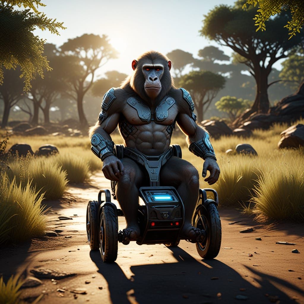 Cybernetic Baboon Hybrid in Savannah, Digital Art
